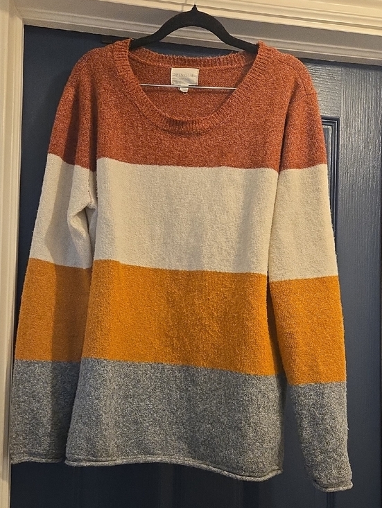PINQUE Sweaters - Cozy Colorblock Crewneck Sweater - Rust, Cream, Mustard, Gray